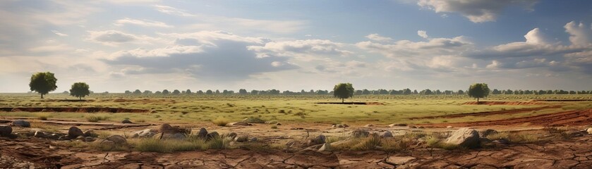 Obraz premium A vast, dry, cracked earth with a single tree in the distance. The sky is blue with a few clouds. The ground is covered in rocks and dirt.