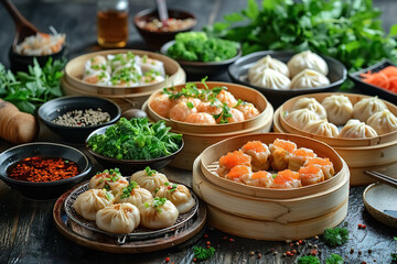 assorted dim sum in bamboo steamers with dipping sauces and vegetables