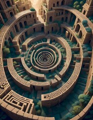 Fototapeta premium Architectural design forming a circular maze like pattern with detailed carvings and decorations, and mystical ambiance, Generative AI.