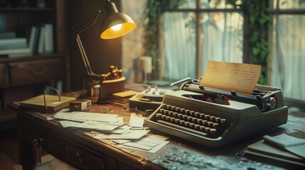 A serene scene of a writer's desk with scattered papers and a vintage typewriter, inviting creativity and storytelling on National Creativity Day.