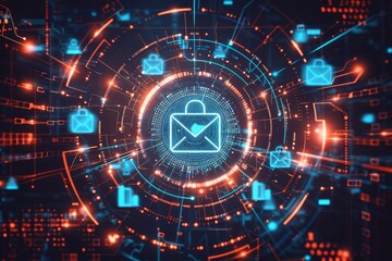 Digital illustration of an email security icon with multiple red check marks, symbolizing quality and grounding in what is important and so on for mail protection, on a blue background