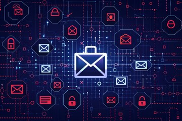 Digital illustration of an email security icon with multiple red check marks, symbolizing quality and grounding in what is important and so on for mail protection, on a blue background