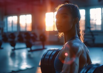 woman holding barbell gym stunning light coming lens shoulder getting ready fight beautifully backlit