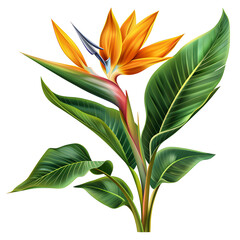 Clipart illustration a bird of paradise flower and leaves on white background. Suitable for crafting and digital design projects.[A-0004]