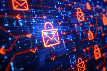 Digital illustration of an email security icon with multiple red check marks, symbolizing quality and grounding in what is important and so on for mail protection, on a blue background