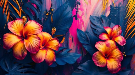 Close-up of vibrant tropical flower patterns set against an abstract background, bursting with color. 