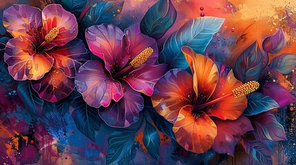 Close-up view of abstract tropical florals, blending exotic flower patterns with artistic flair. -