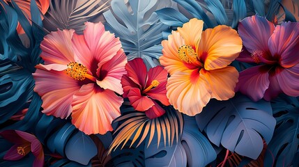 Fototapeta premium Close-up view of abstract tropical florals, blending exotic flower patterns with artistic flair. 