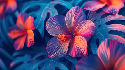 Bold and bright abstract background, focusing on close-up tropical flower patterns for a festive atmosphere. 