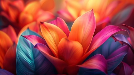 Fototapeta premium Bold and bright abstract background, focusing on close-up tropical flower patterns for a festive atmosphere. 