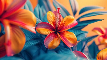 Bold and bright abstract background, focusing on close-up tropical flower patterns for a festive atmosphere.