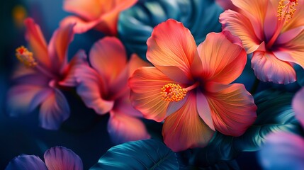 Bold and bright abstract background, focusing on close-up tropical flower patterns for a festive atmosphere. 