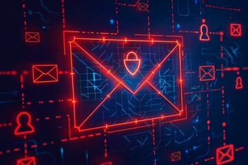 Digital illustration of an email security icon with multiple red check marks, symbolizing quality and grounding in what is important and so on for mail protection, on a blue background