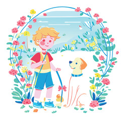 boy and dog in garden, vector illustration flat 2