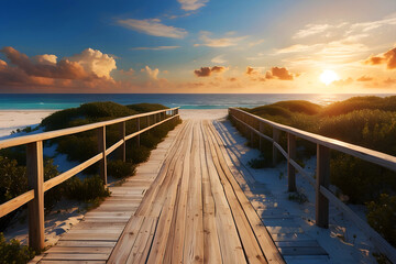 A long boardwalk with a few shrubs on either side that leads to the ocean at sunset and a white sand beach.