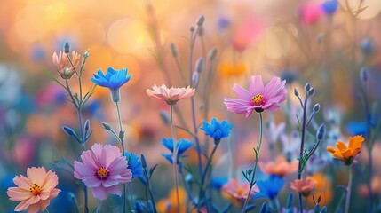 Close-up view of a flower field abstract, showcasing the intricate details and patterns of wildflowers. 
