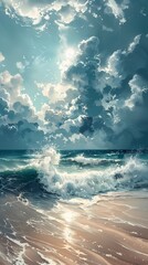 beach scene wave crashing sand gorgeous dreamy clouds under deep extremely stunning drawing header