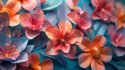 Dynamic close-up of paper craft florals against an abstract background, highlighting the art of paper folding. 
