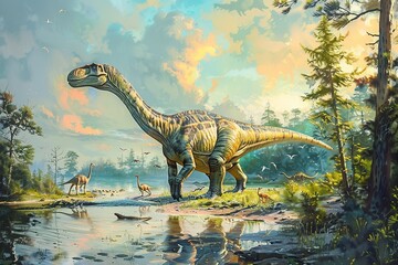 Photograph of a Brontosaurus basking in the warm glow of a sunset, casting a golden hue on its massive form against a backdrop of majestic mountains and colorful skies.