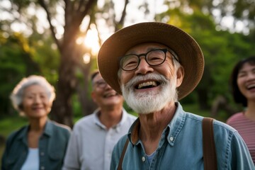 Happy senior asian people having fun together in the park, Retirement lifestyle concept