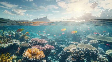 A serene view of a sunlit reef, with shimmering waters and vibrant marine life, illustrating the importance of conservation and protection of coral reefs on World Reef Awareness Day.