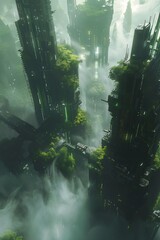 city middle foggy forest bridge overgrown greenery riven entertainment hanging gardens panoramic fallen columns sci