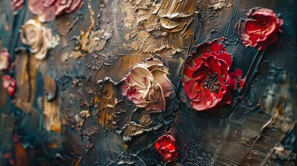Dynamic close-up of textured florals on an abstract canvas, highlighting the contrast between rough and smooth textures. 
