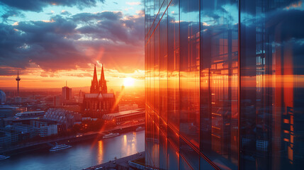 elegant high-rise office building, kölner dom, cologne city skyline