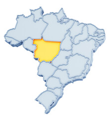 Brazilian state of Mato Grosso highlighted in golden yellow on three-dimensional map of Brazil isolated on transparent background. 3D rendering