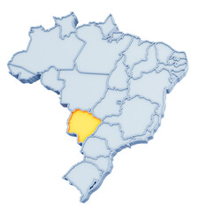 Brazilian state of Mato Grosso do Sul highlighted in golden yellow on three-dimensional map of Brazil isolated on transparent background. 3D rendering