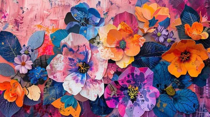 Vibrant and multifaceted, a close-up abstract featuring floral collages for a lively, artistic vibe.