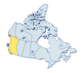 Canadian province of British Columbia highlighted in golden yellow on three-dimensional map of Canada isolated on transparent background. 3D rendering