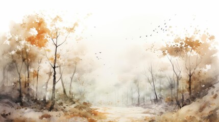 An ethereal watercolor painting of a misty forest path in autumn