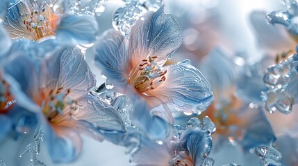 Close-up abstract of flowers suspended in ice, blending the ephemeral beauty of blooms with the solidity of frost.