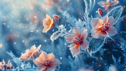 Abstract background with detailed close-up of frozen flowers, merging the transient beauty of flora with icy permanence. 