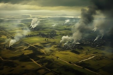 An aerial view of an industrial area with many factories and smokestacks. The sky is cloudy and the air is polluted. The scene is one of environmental devastation.