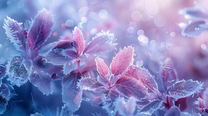 Abstract background with detailed close-up of frozen flowers, merging the transient beauty of flora with icy permanence. 