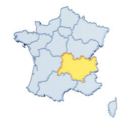 French region of Auvergne-Rhône-Alpes highlighted in golden yellow on three-dimensional map of France isolated on transparent background. 3D rendering
