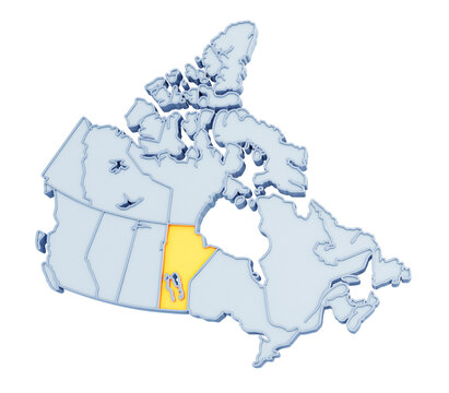 recommend clip art: Canadian province of Manitoba highlighted in golden yellow on three-dimensional map of Canada isolated on transparent background. 3D rendering