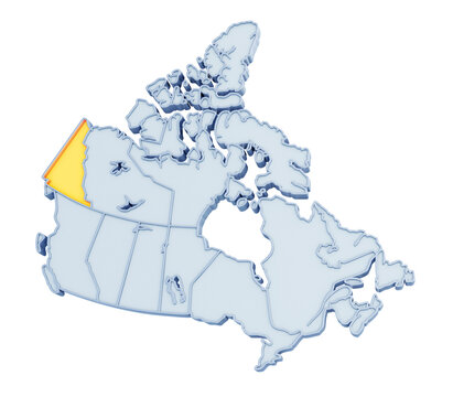 recommend clip art: Canadian territory of Yukon highlighted in golden yellow on three-dimensional map of Canada isolated on transparent background. 3D rendering