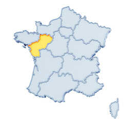 French region of Pays de la Loire highlighted in golden yellow on three-dimensional map of France isolated on transparent background. 3D rendering