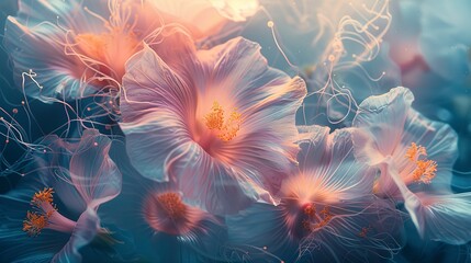 Abstract art with a focus on the ethereal nature of underwater florals, captured in stunning detail and soft lighting. 