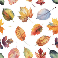 Seamless pattern of autumn leaves isolated on a white background. Watercolor illustration