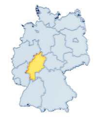 German state of Hesse highlighted in golden yellow on three-dimensional map of Germany isolated on transparent background. 3D rendering
