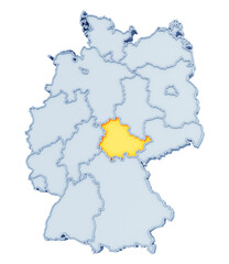German state of Thuringia (Thüringen) highlighted in golden yellow on three-dimensional map of Germany isolated on transparent background. 3D rendering