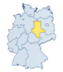 German state of Saxony-Anhalt (Sachsen Anhalt) highlighted in golden yellow on three-dimensional map of Germany isolated on transparent background. 3D rendering