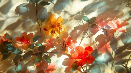 Close-up view of abstract shadow play with flowers, showcasing the artistic fusion of light, shadow, and botanical forms. 