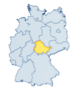 German state of Thuringia (Th&uuml;ringen) highlighted in golden yellow on three-dimensional map of Germany isolated on transparent background. 3D rendering