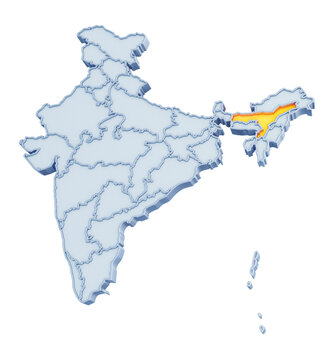 Indian state of Assam highlighted in golden yellow on three-dimensional map of India isolated on transparent background. 3D rendering