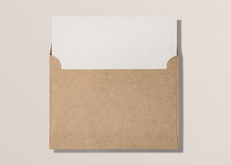 Brown envelope, white card, flat lay design